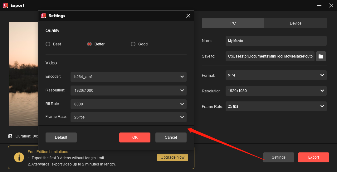 Change output settings in MiniTool MovieMaker