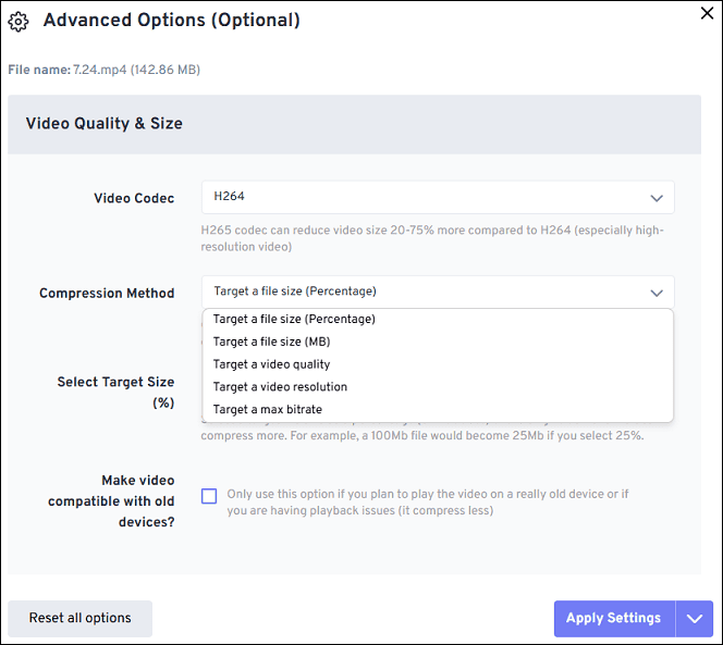 Adjust compression settings with FreeConvert