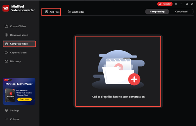 Switch to Compress Video, click on Add Files, or drag and drop the video to the middle area to import the video to MiniTool Video Converter