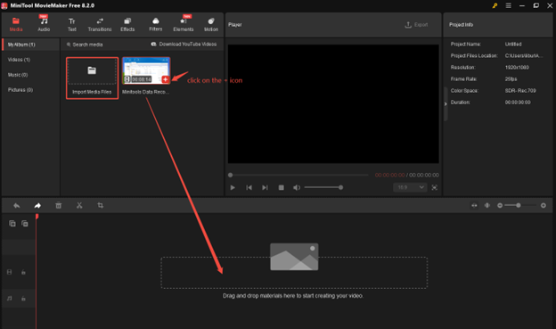 Click on Import Media Files to import video, click on the + icon, or drag and drop the video into the timeline in MiniTool Video Converter