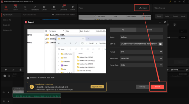 Click on Export to enter the Export window, and click on Enter to export the trimming video in MiniTool Video Converter