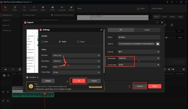 Select a low resolution and frame rate, click on Settings to adjust the encoder and bitrate, then click on OK to save the changes in MiniTool MovieMaker