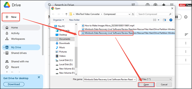 Click on + New > File upload, choose the video, and click on Open to add to Google Drive