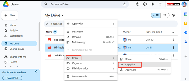 Right-click on the video and choose Share > Copy link to copy the video link in Google Drive