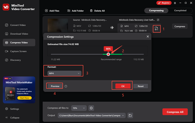 Click on Settings, adjust the compression percentage by dragging the slider, expand Format, click on Preview, and click on OK to save the changes in MiniTool Video Converter