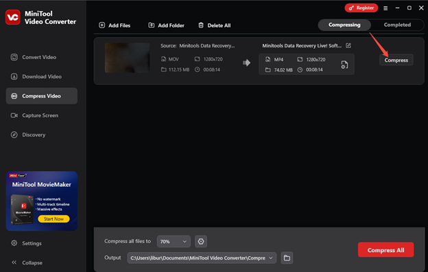 Click on Compress to compress the video with MiniTool Video Converter