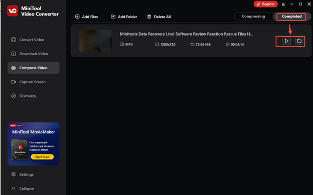 Click on the play icon to watch the compressed video, or click on the folder icon to find the saved position in MiniTool Video Converter