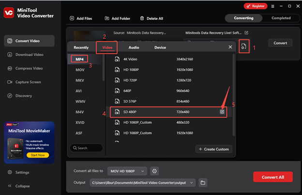 Click on gear > Video > MP4, choose a resolution, and click on the Edit icon to specify more settings in MiniTool Video Converter