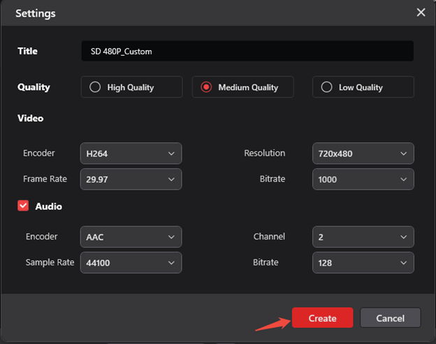 Specify video and audio settings and click on Create in MiniTool Video Converter