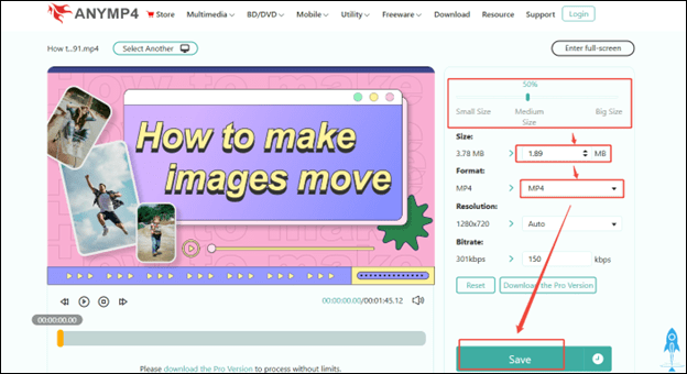 Move the slider, or manually type the accurate video size into the box, expand the Format to choose a video format, and click on Save to compress video in AnyMP4 Online Video Compressor