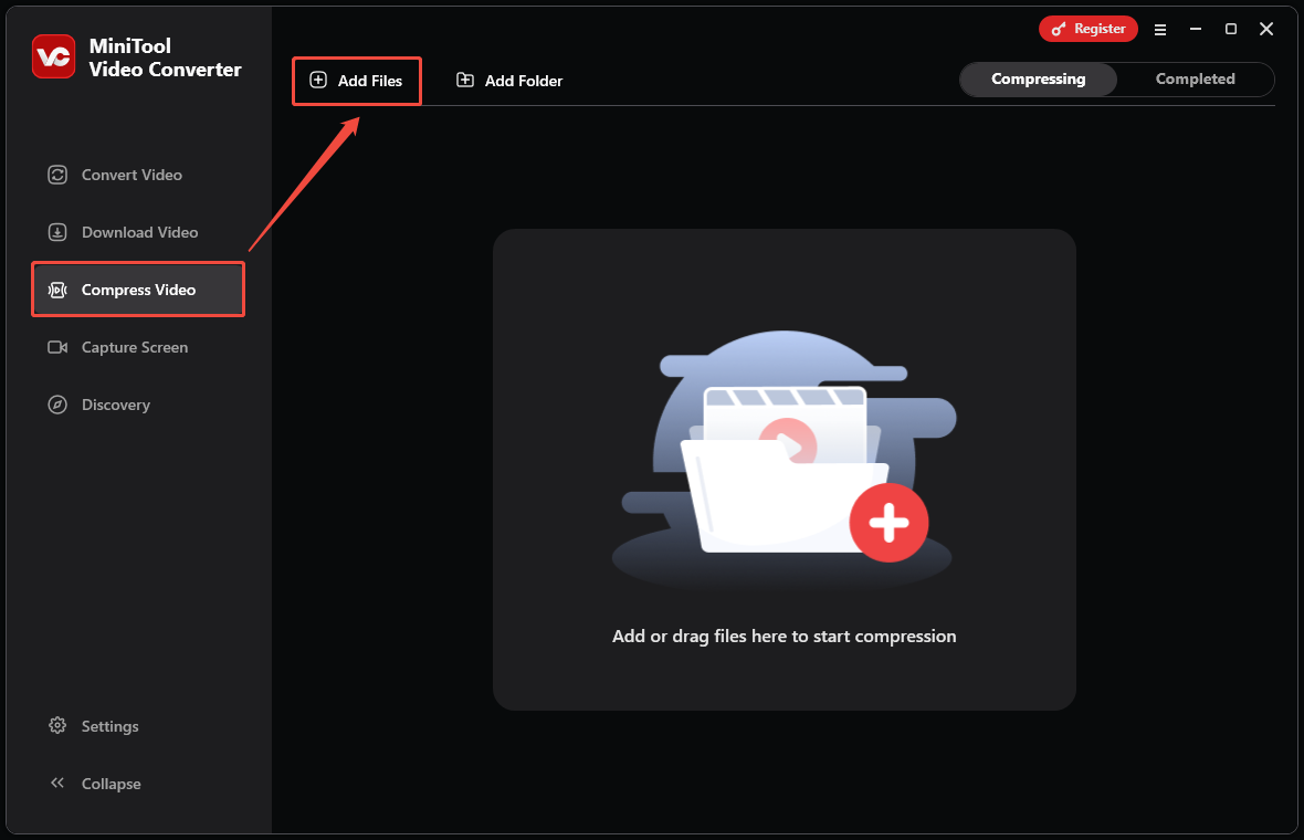 Choose Compress Video on the left and click Add Files to import the video you want to compress in MiniTool Video Converter