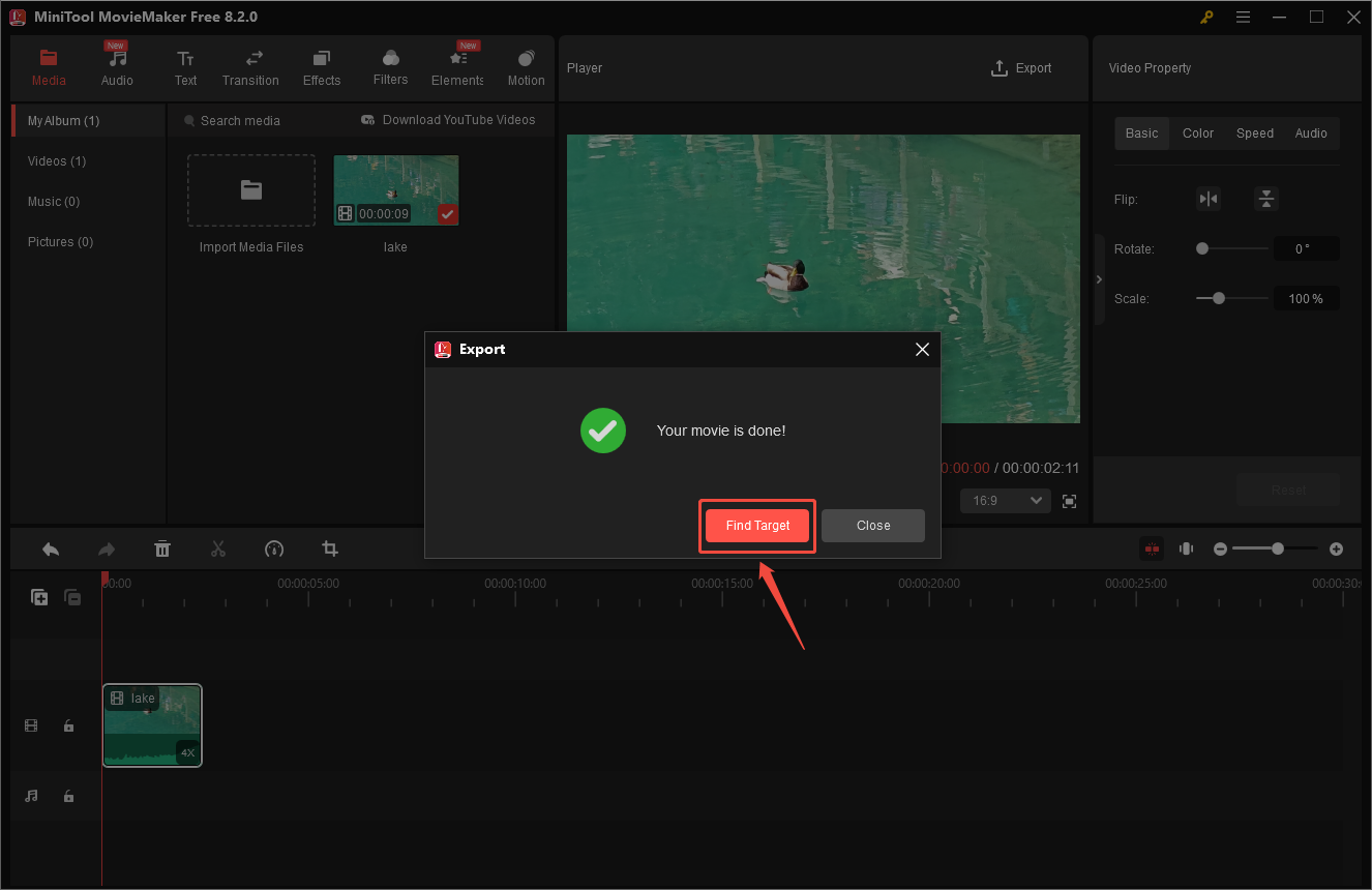 Click Find Target to locate the video’s save location in MiniTool MovieMaker