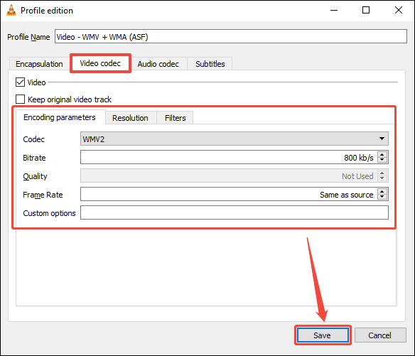 Select the Video codec option, choose a lower video bitrate and frame rate, and click Save in VLC Media Player