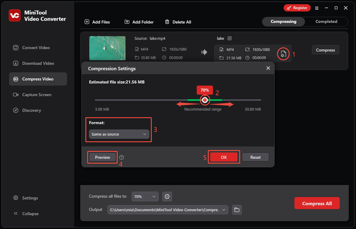 Click the gear icon to open MiniTool Video Converter’s Compression Settings window, set the compression level, choose the output format, preview the video, and click OK to save changes