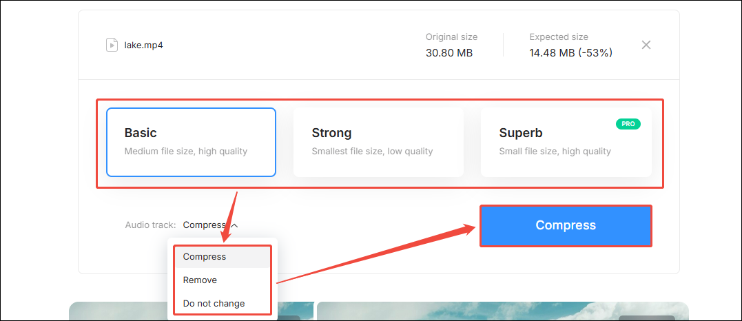 Choose the compression level, select whether to compress the audio, and click on Compress in Clideo