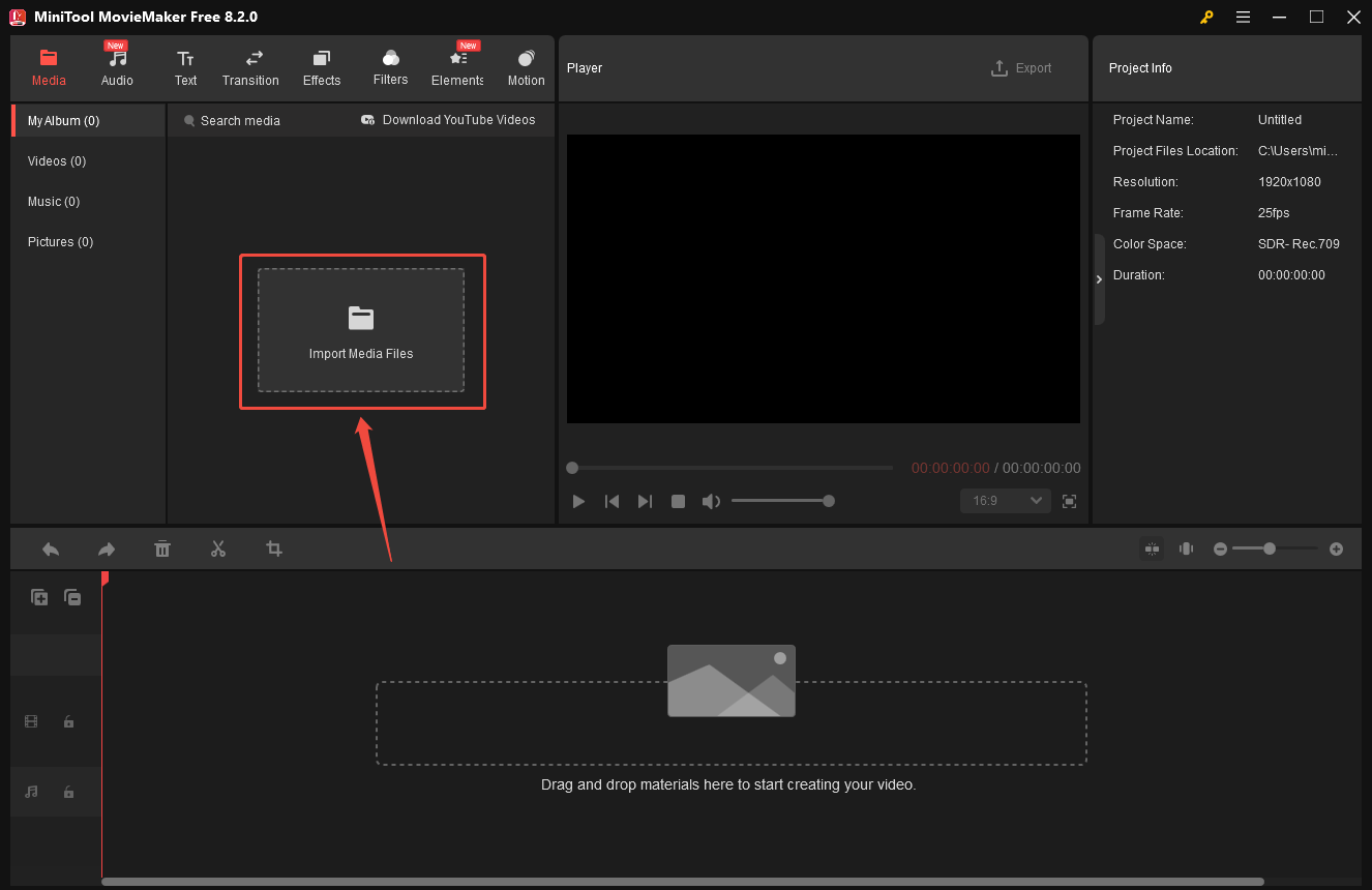 Click Import Media Files to import your video in MiniTool MovieMaker