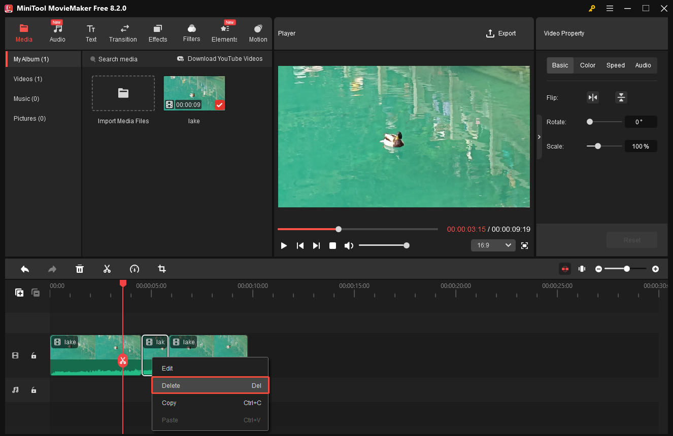 In MiniTool MovieMaker, select the unwanted video clip, right-click it, and select Delete to remove it
