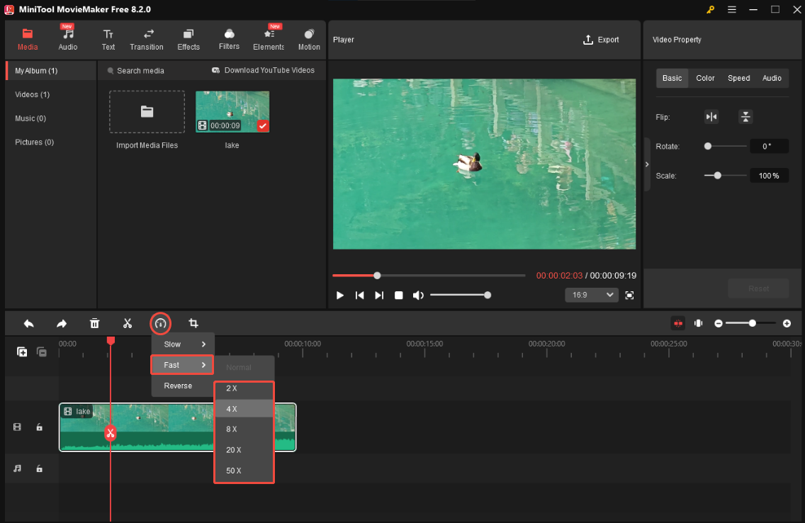 In MiniTool MovieMaker, click the speed icon, choose Fast, and select the suitable acceleration option
