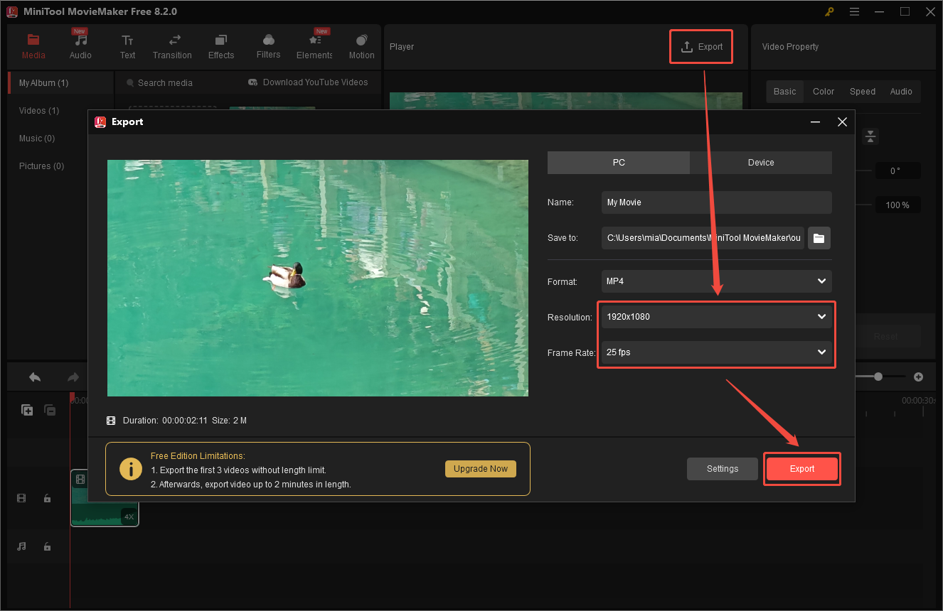 In MiniTool MovieMaker, click Export, choose a lower resolution and frame rate, and click on Export