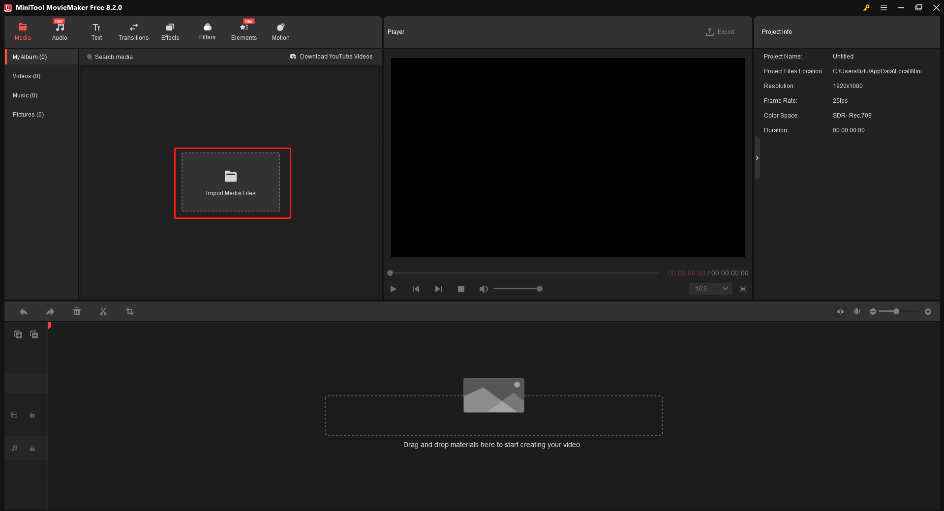 MiniTool MovieMakerで「Import Media Files」をクリックする