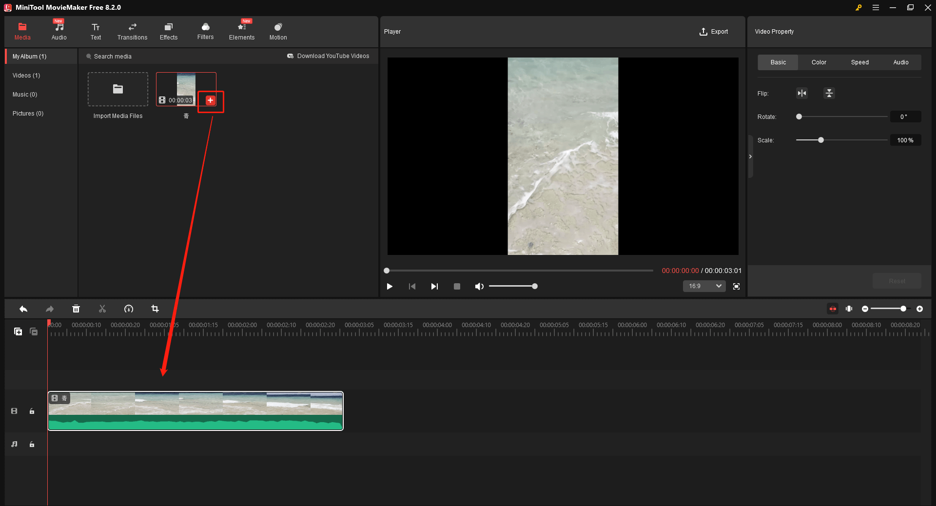 MiniTool MovieMakerでMKV動画のサムネイルの右下隅にある「プラス」アイコンをクリックする