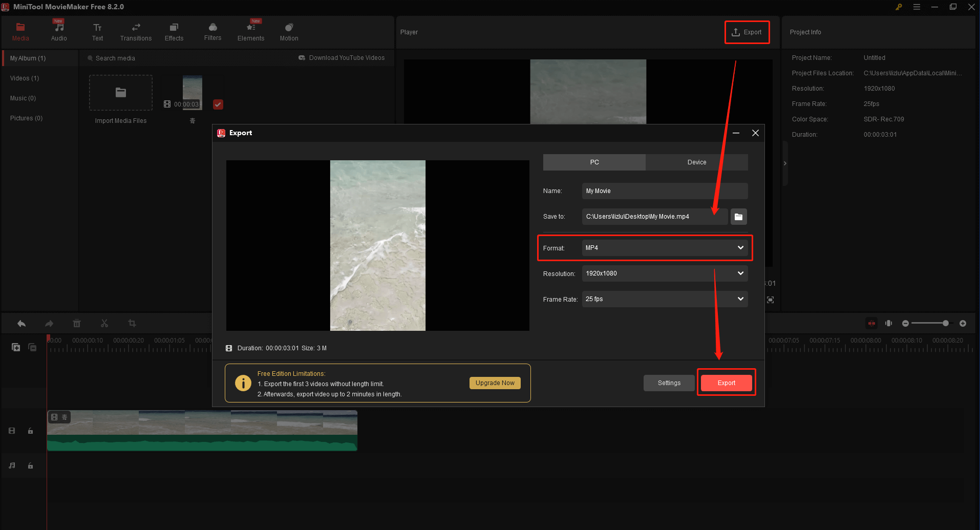 MiniTool MovieMakerで「Export」を選択する