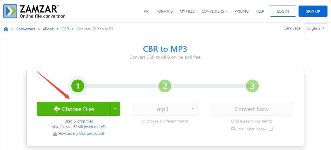 Click on Choose Files in Zamzar to import your CBR files