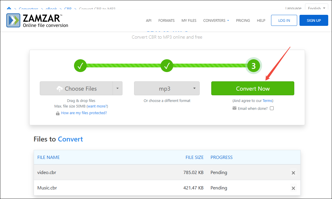 Click on Convert Now in Zamzar to begin the conversion process