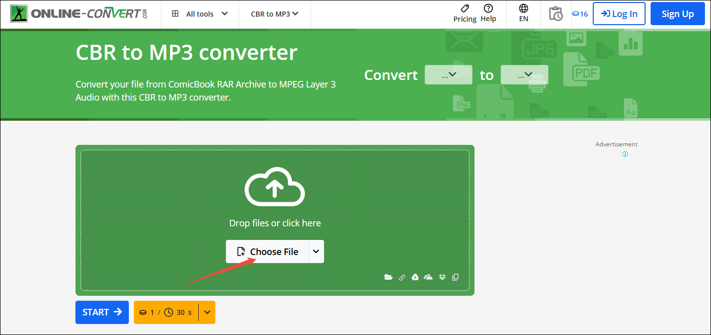 Click on Choose File in Online-Convert to import your CBR files