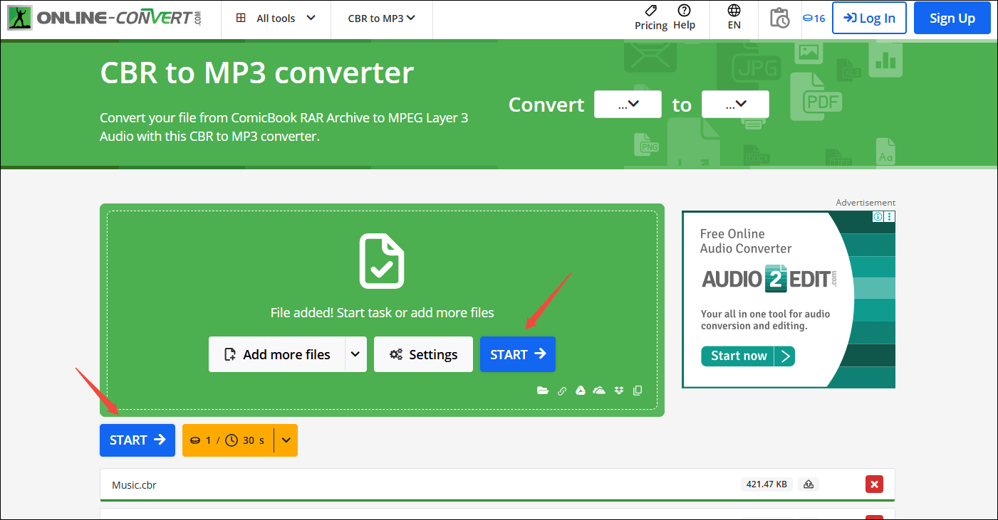 Click on START in Online-Convert to begin the conversion process