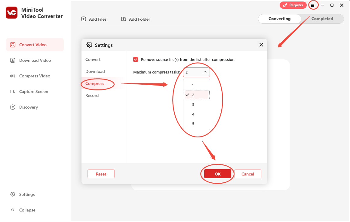 Configure the maximum compression tasks in the Settings window of MiniTool Video Converter