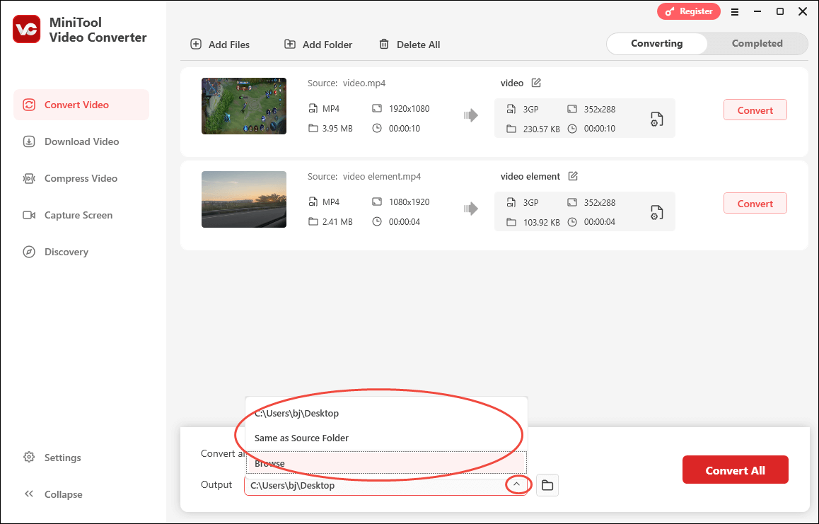 Expand the Output option in MiniTool Video Converter’s Convert Video to choose a destination folder for the converted files