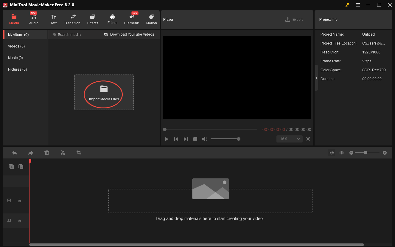 Click on Import Media Files in MiniTool MovieMaker to upload your 3GP file