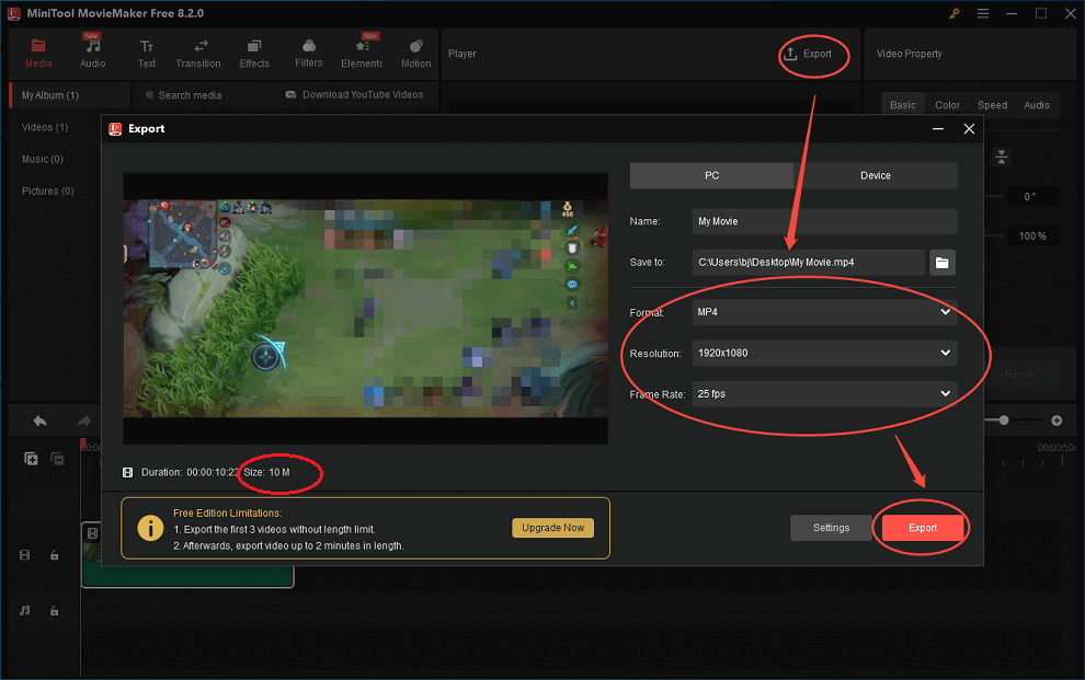Configure the output settings and click on the Export button in MiniTool MovieMaker to begin the compression process
