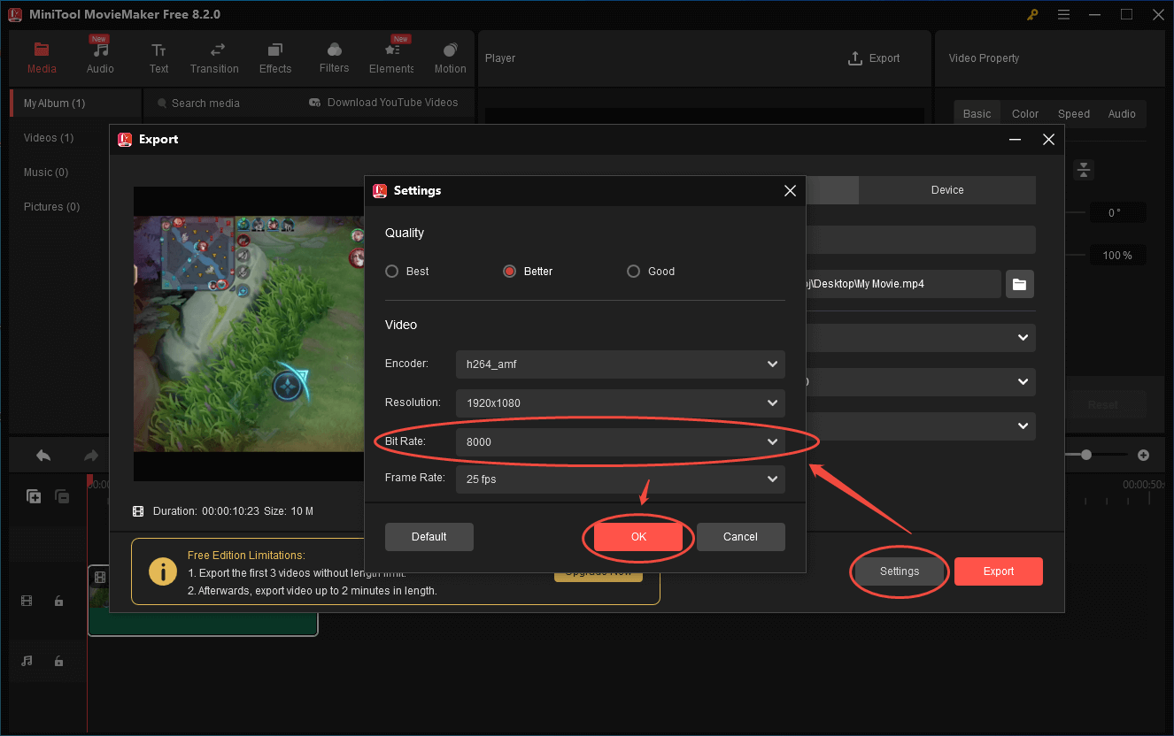 If you want to configure the bitrate settings, click on the Settings button at the bottom left of the Export window. Once the customization is done, click on OK to save the changes.