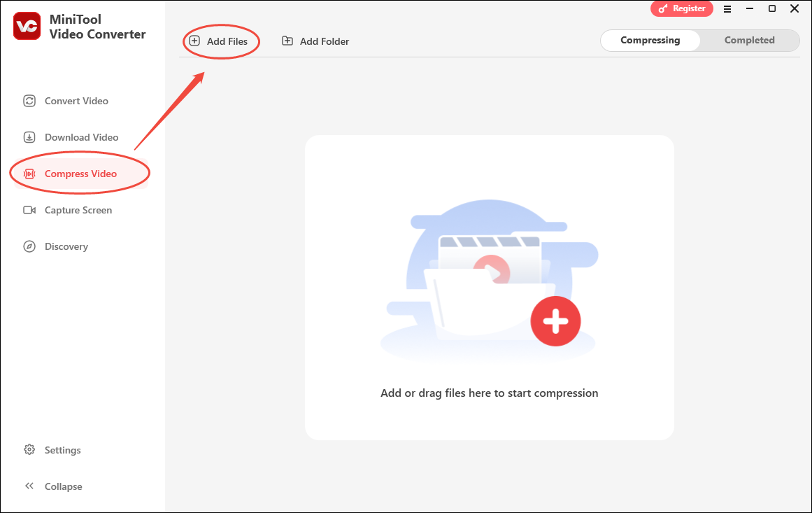Click on Add Files in MiniTool Video Converter’s Compress Video to upload your 3GP files