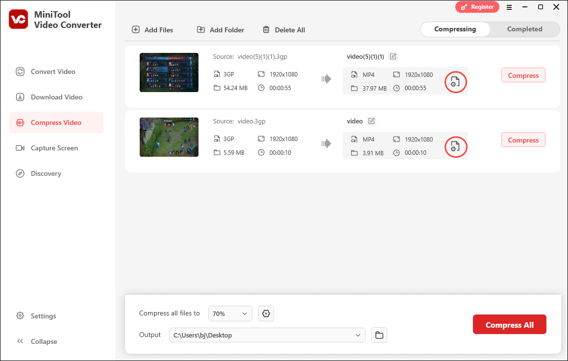 Click on the Settings icon in MiniTool Video Converter to enter the Compression Settings window