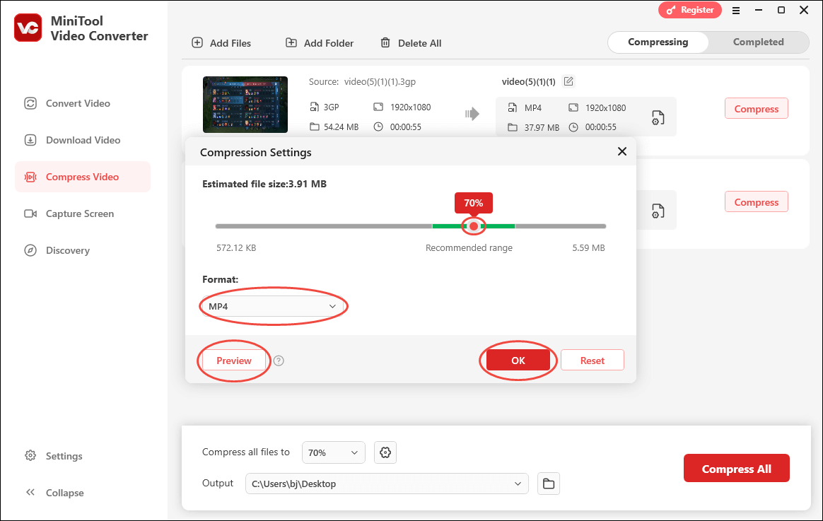 Configure the compression settings in the Compression Settings window of MiniTool Video Converter