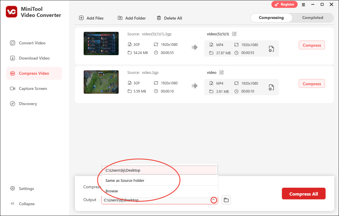 Expand the Output option in MiniTool Video Converter to choose a saving path for the compressed files