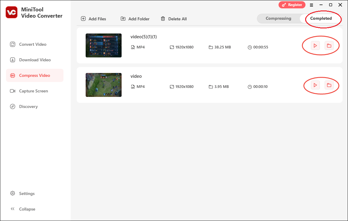 Click on the Folder icon or the Play icon in MiniTool Video Converter to locate or play the compressed files