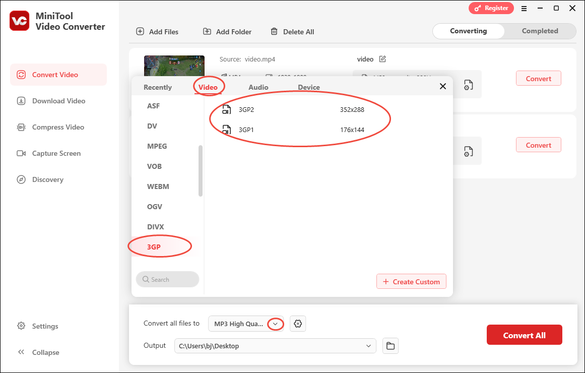 Expand the Convert all files to option in MiniTool Video Converter and choose 3GP as the output format
