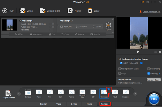 Click the gear icon to open the Compress window in Winxvideo AI for 4GB video file compression