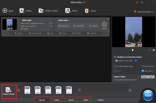 Choose an output codec in Winxvideo AI for file compression