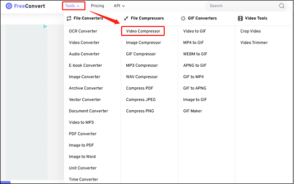 Select the Video Compressor section in FreeConvert for file compression