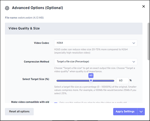 Adjust the video codec, target size, etc. in FreeConvert for file compression