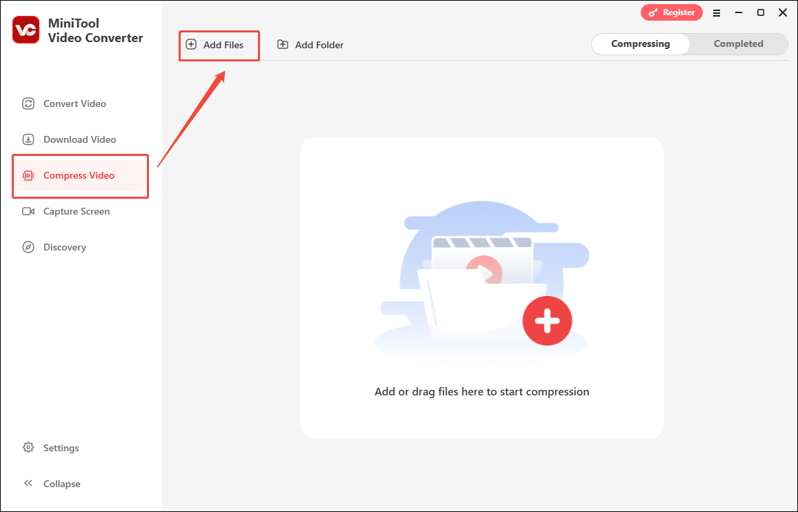 Click on Add Files in MiniTool Video Converter’s Compress Video to import your AVI files