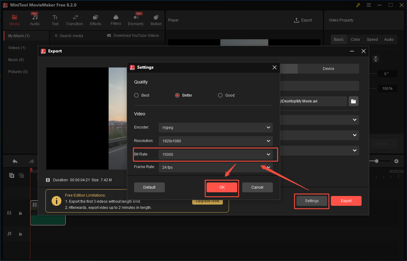 The Settings window of MiniTool MovieMaker
