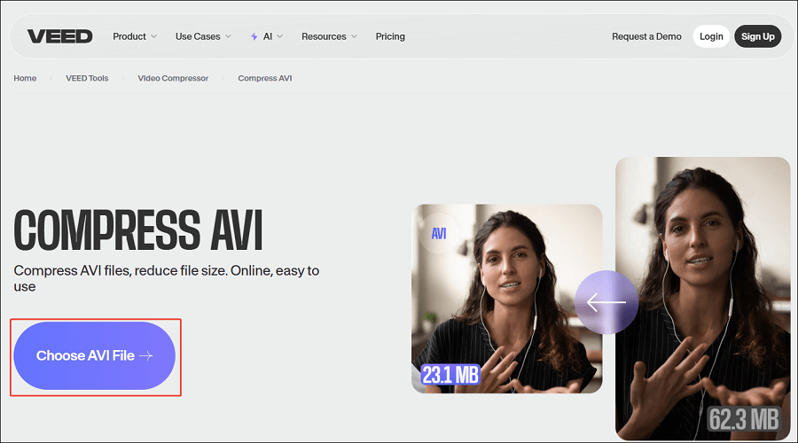 Click on Choose AVI File in VEED to enter the compression interface