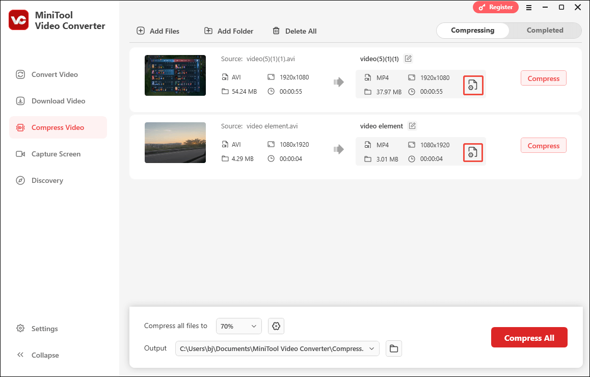 Click on the Settings icon in MiniTool Video Converter to enter the Compression Settings window