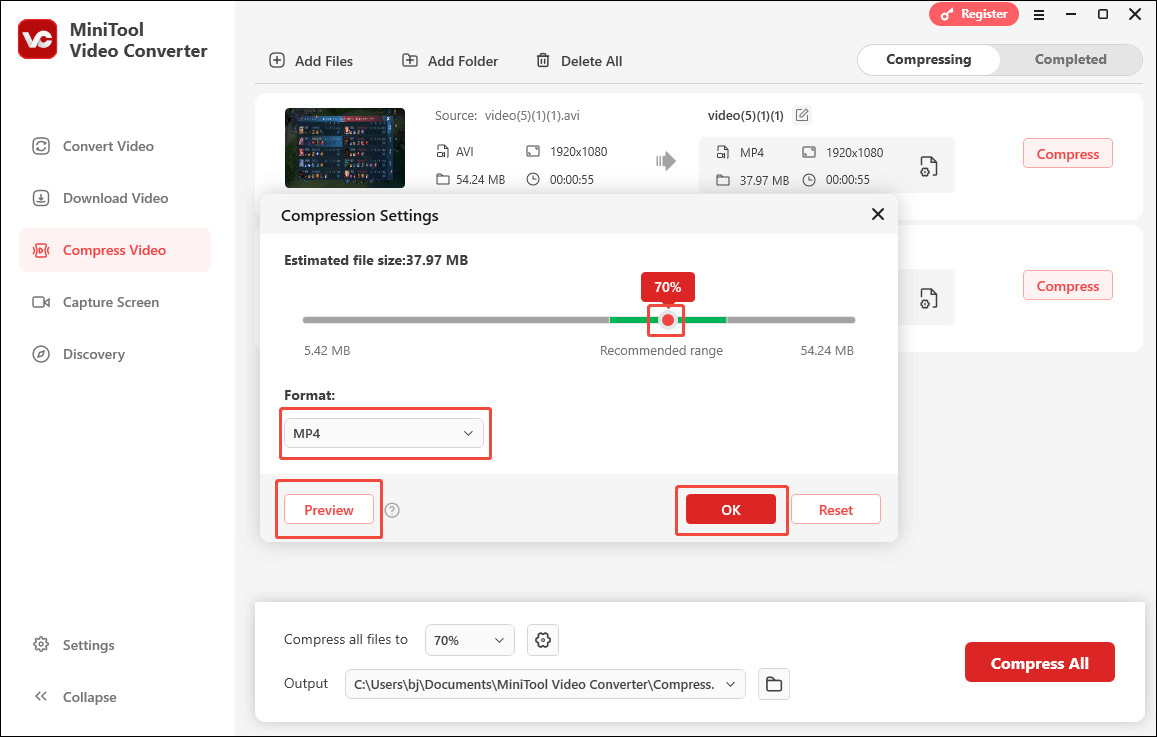 Specify the compression settings in MiniTool Video Converter